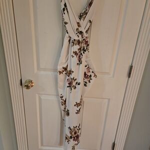 Fashion Nova White Floral Maxi Dress with Rose & Taupe Accents